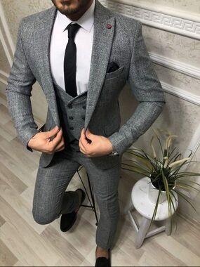 Gray Herringbone Three-Piece Suit - Classic Men's Blazer & Waistcoat